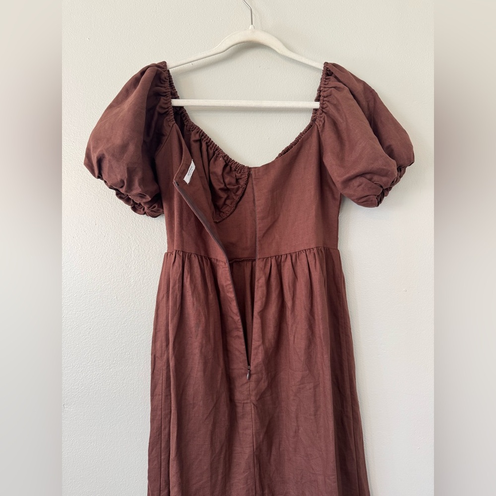 Peppermayo Brown Peasant Puff Sleeve Linen Blend Tiered Maxi Dress - Picture 7 of 10